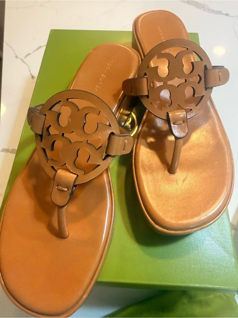 Brand New Tory Burch Tan Leather Miller Platform Thong Sandals